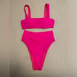 Aerie High Waisted Crossover Bikini in Hot Neon Pink